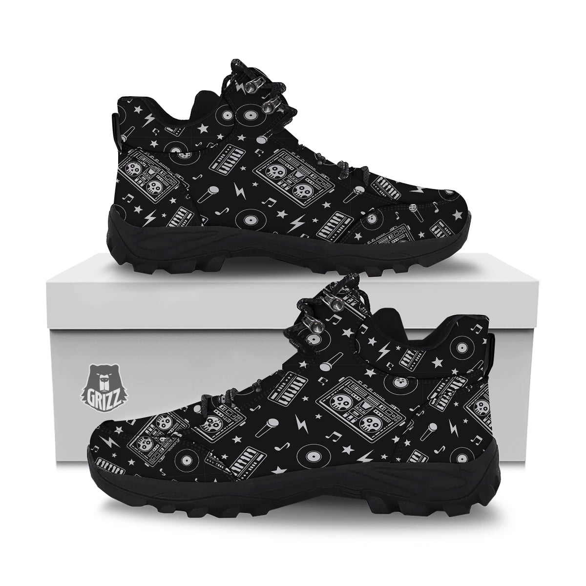 Black And White Boombox Print Pattern Hiking Shoes-grizzshop