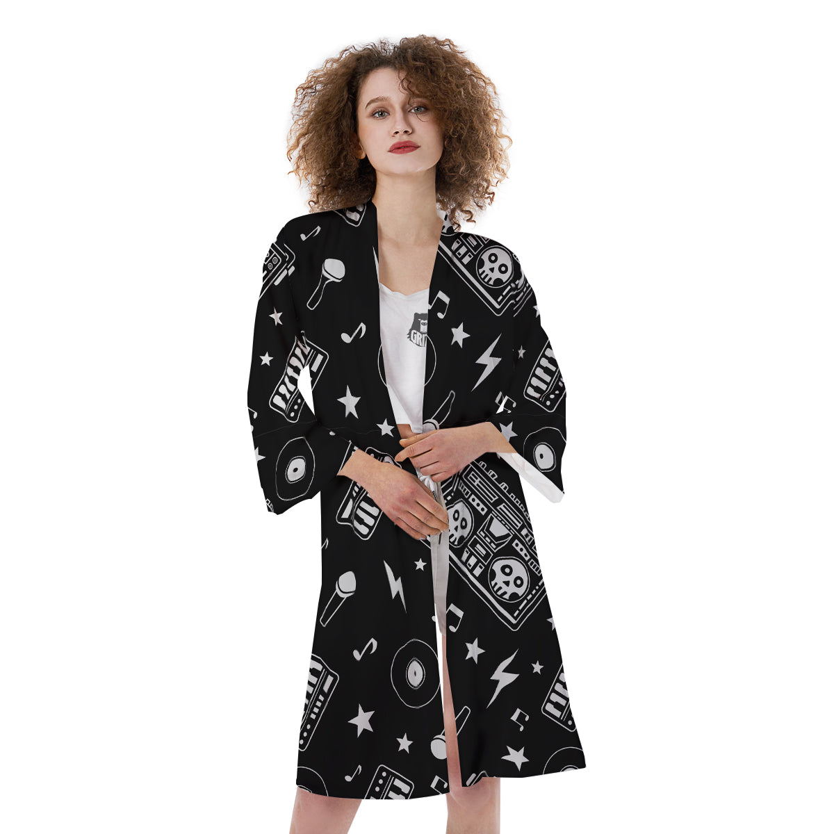 Black And White Boombox Print Pattern Kimono-grizzshop