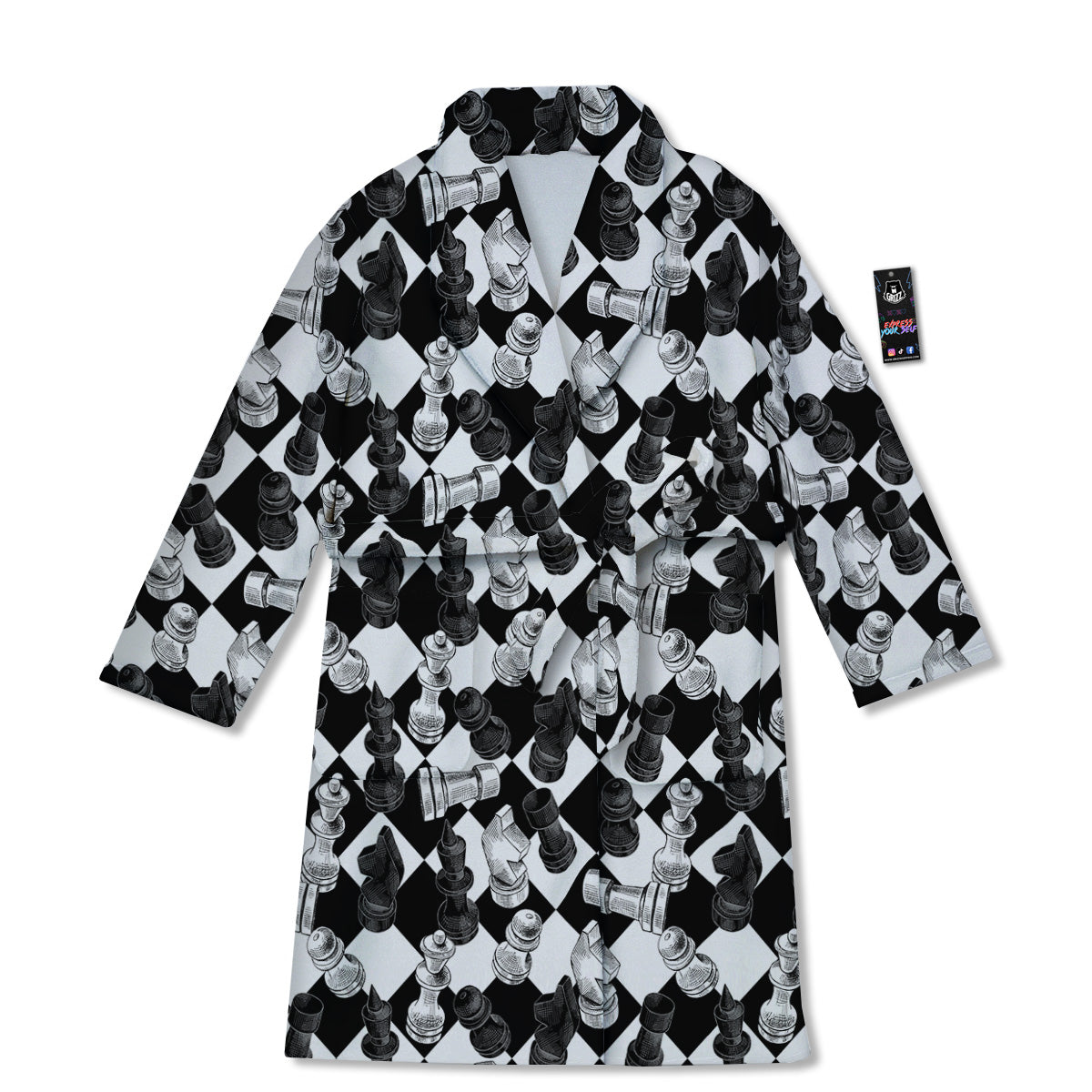 Black And White Chessboard Print Pattern Bathrobe-grizzshop