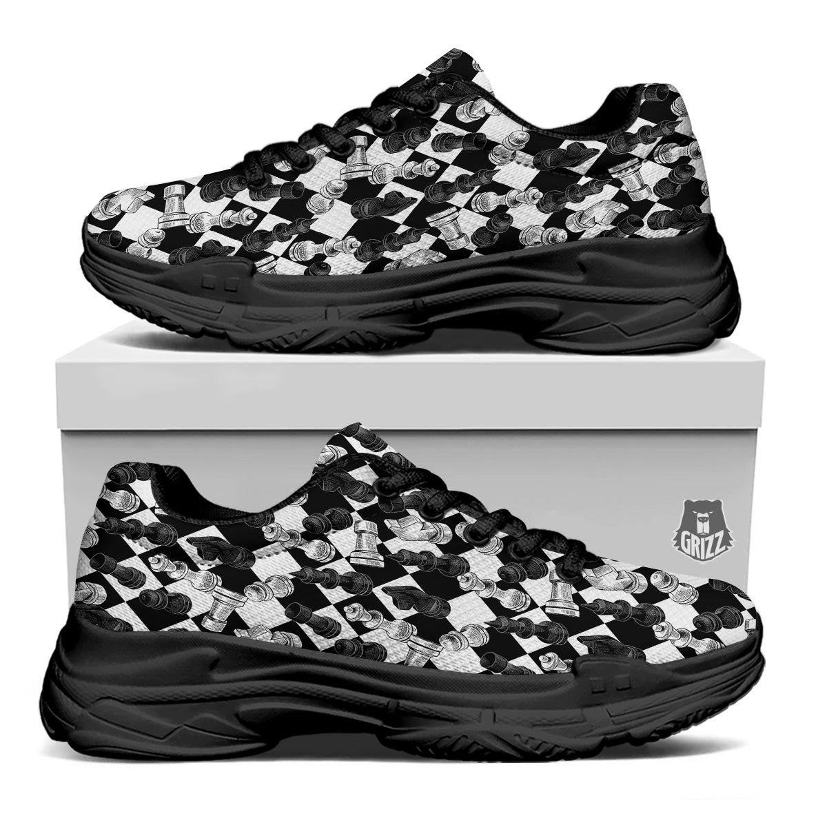 Black And White Chessboard Print Pattern Black Chunky Shoes-grizzshop