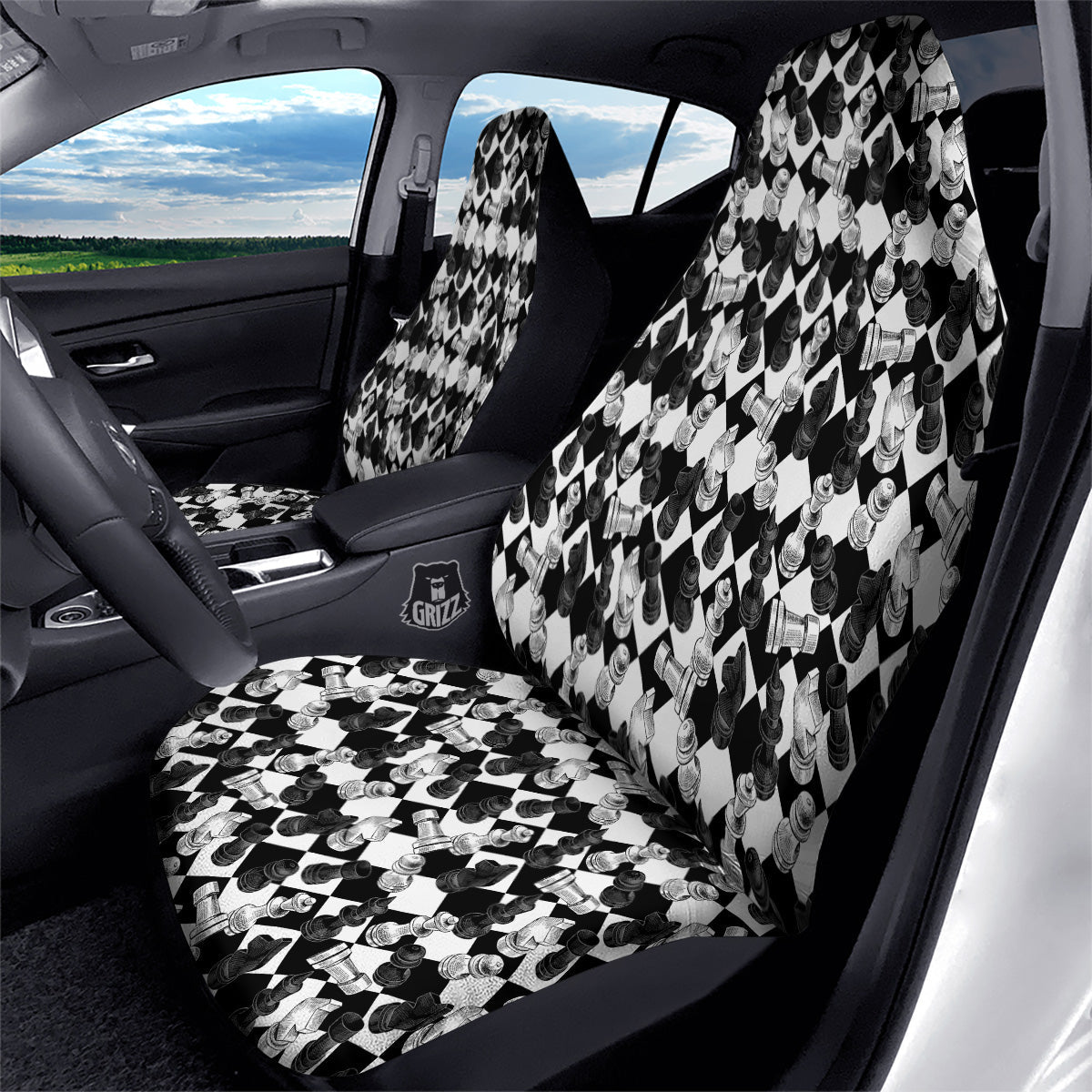 Black And White Chessboard Print Pattern Car Seat Covers-grizzshop