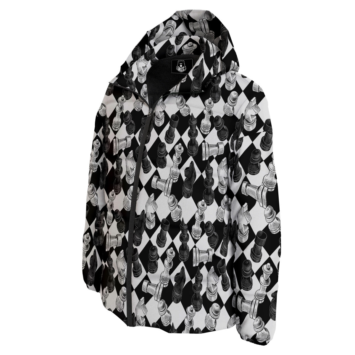 Black And White Chessboard Print Pattern Down Jacket-grizzshop