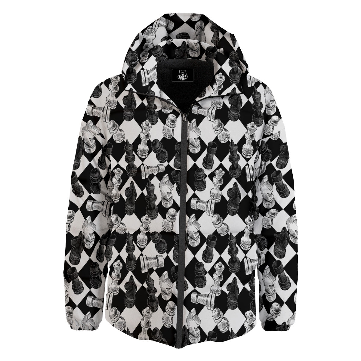 Black And White Chessboard Print Pattern Down Jacket-grizzshop