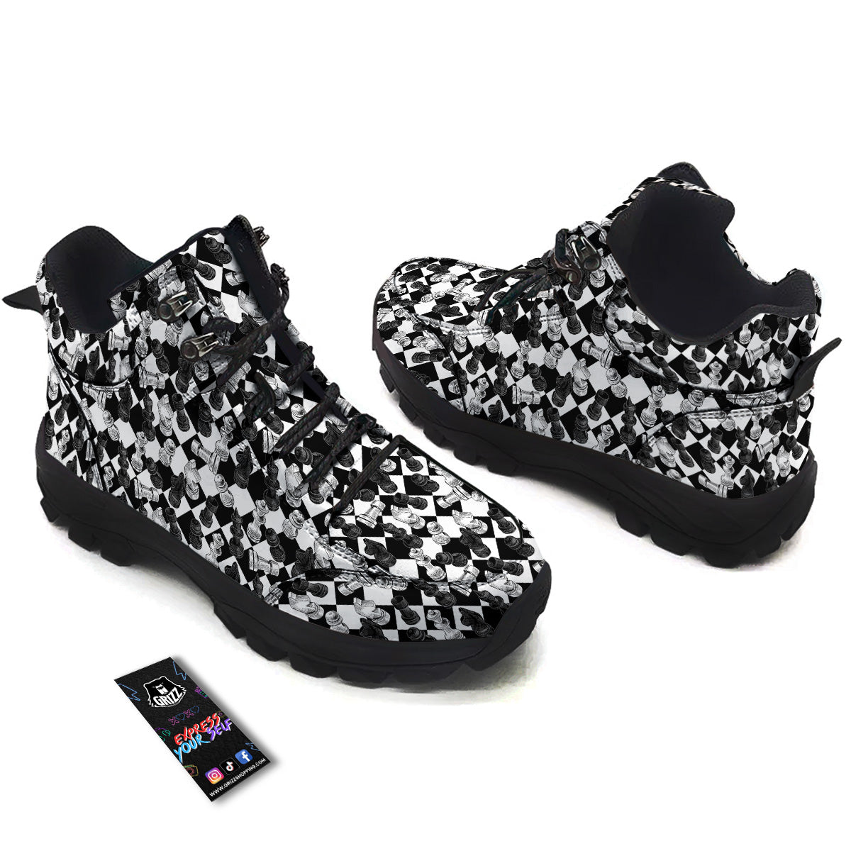 Black And White Chessboard Print Pattern Hiking Shoes-grizzshop