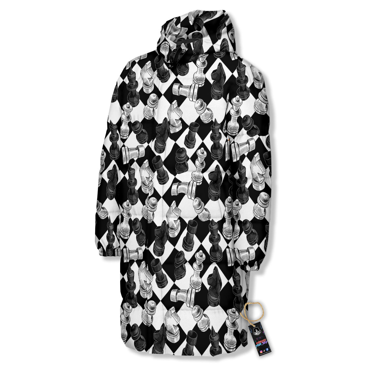 Black And White Chessboard Print Pattern Long Down Jacket-grizzshop