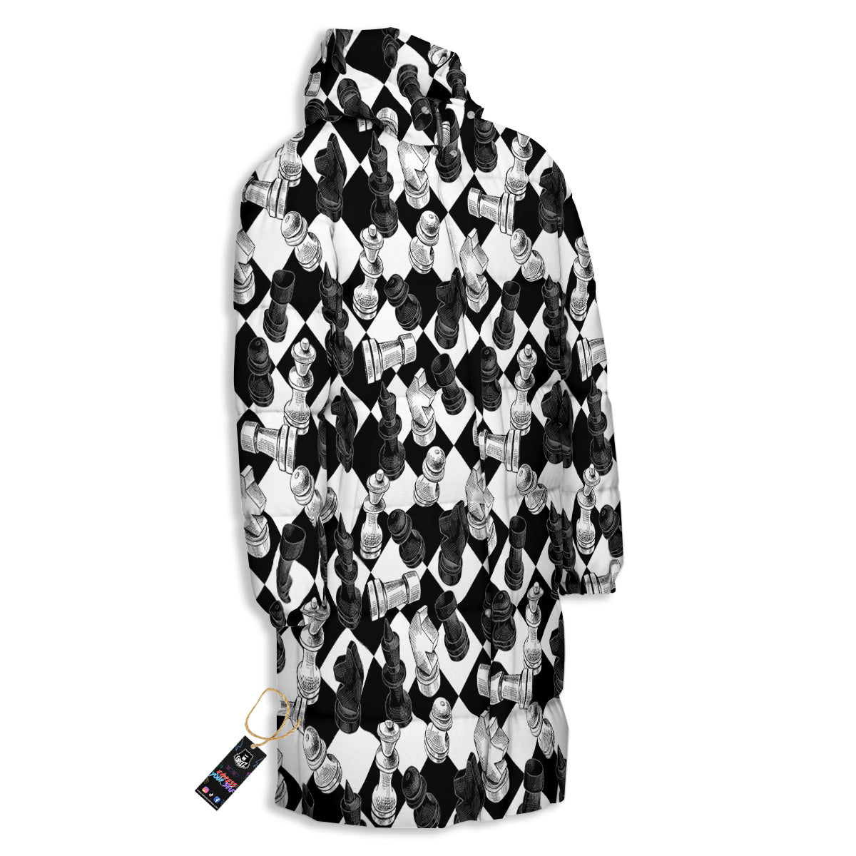 Black And White Chessboard Print Pattern Long Down Jacket-grizzshop