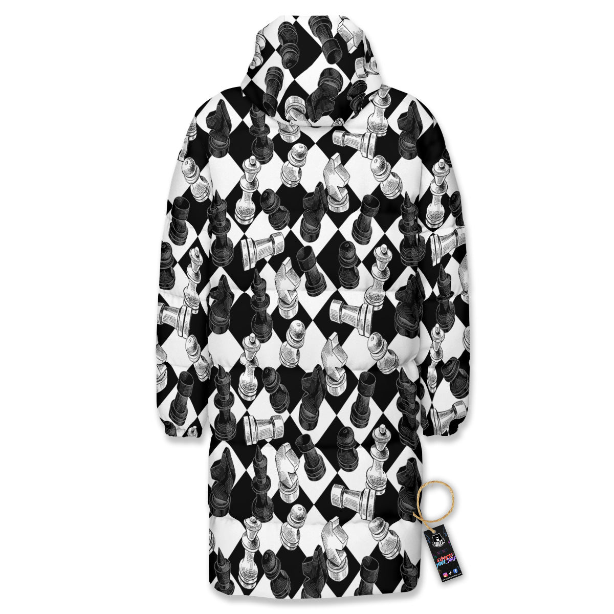 Black And White Chessboard Print Pattern Long Down Jacket-grizzshop