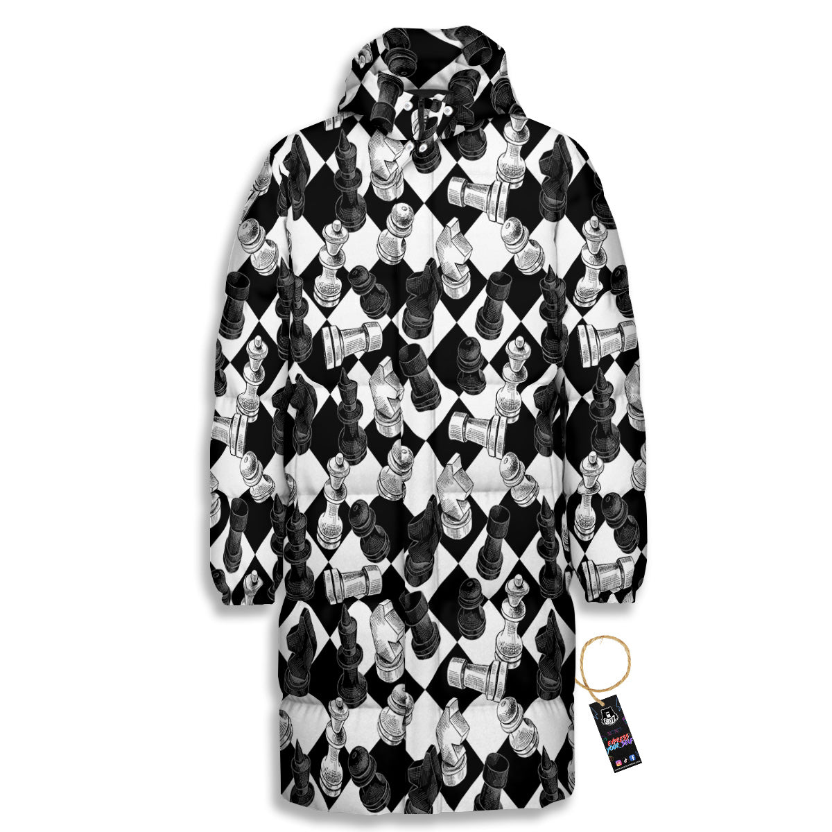 Black And White Chessboard Print Pattern Long Down Jacket-grizzshop