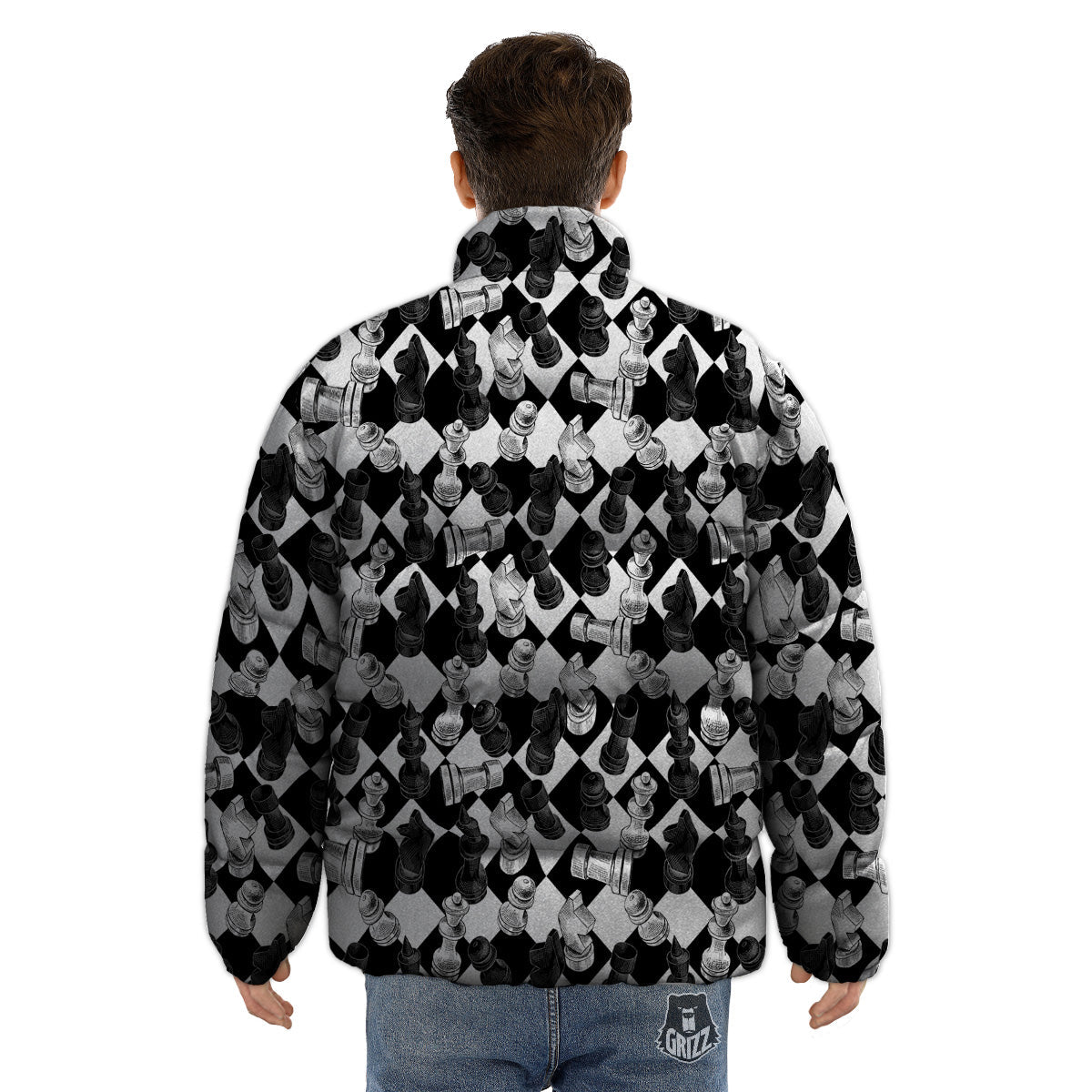 Black And White Chessboard Print Pattern Puffer Jacket-grizzshop