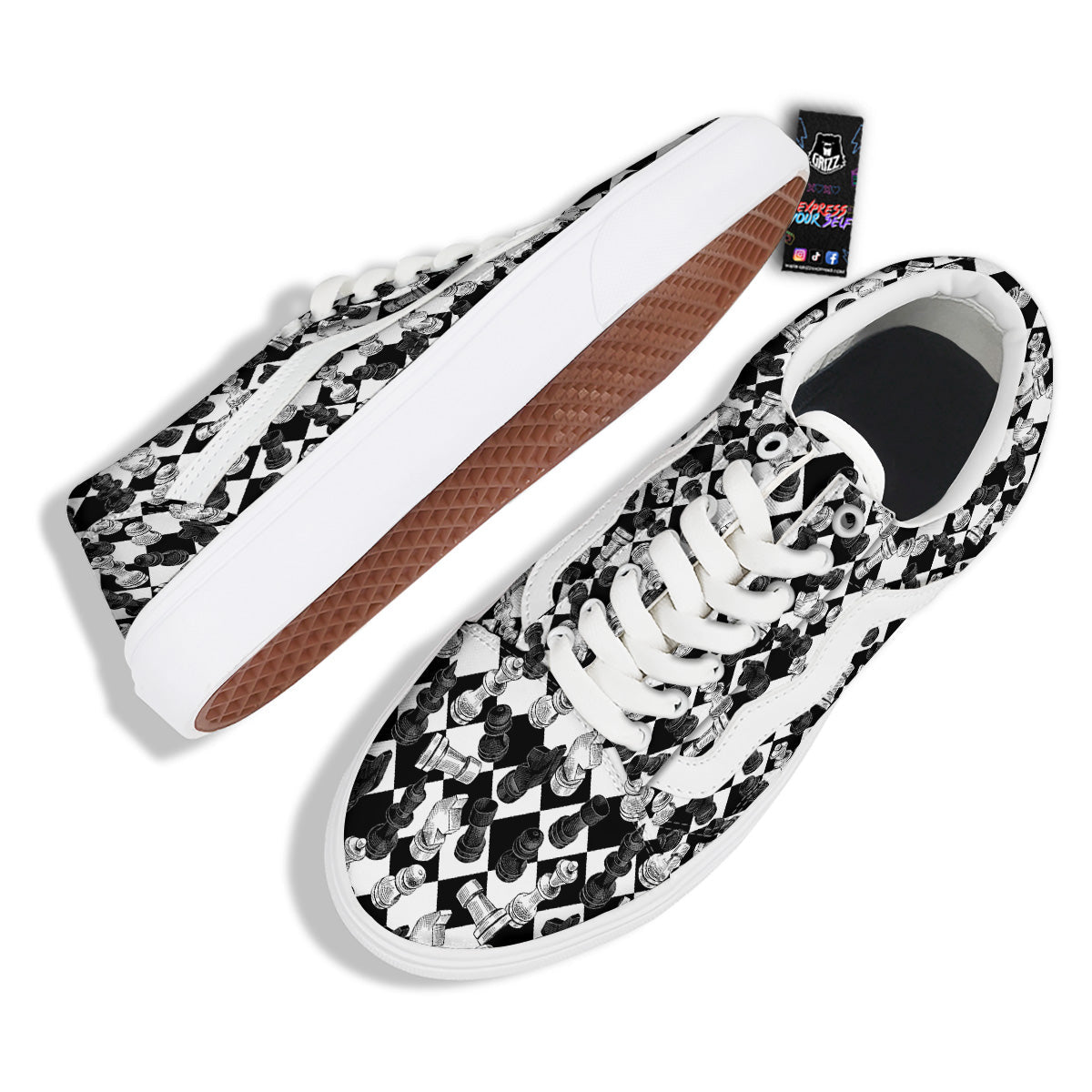 Black And White Chessboard Print Pattern Skate Shoes-grizzshop