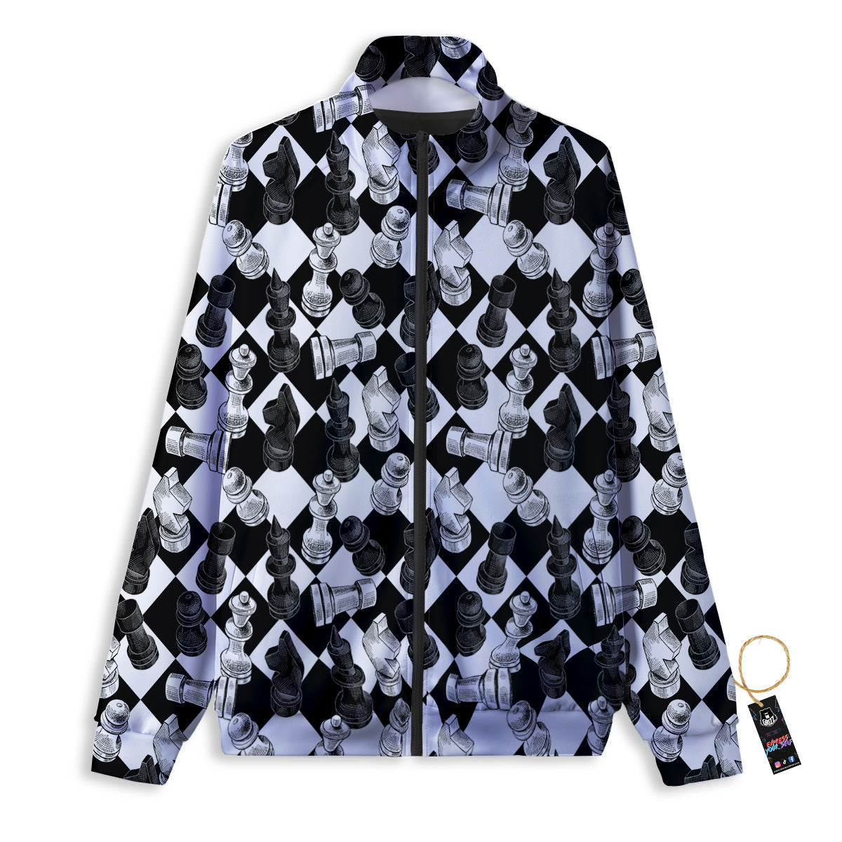 Black And White Chessboard Print Pattern Track Jacket-grizzshop