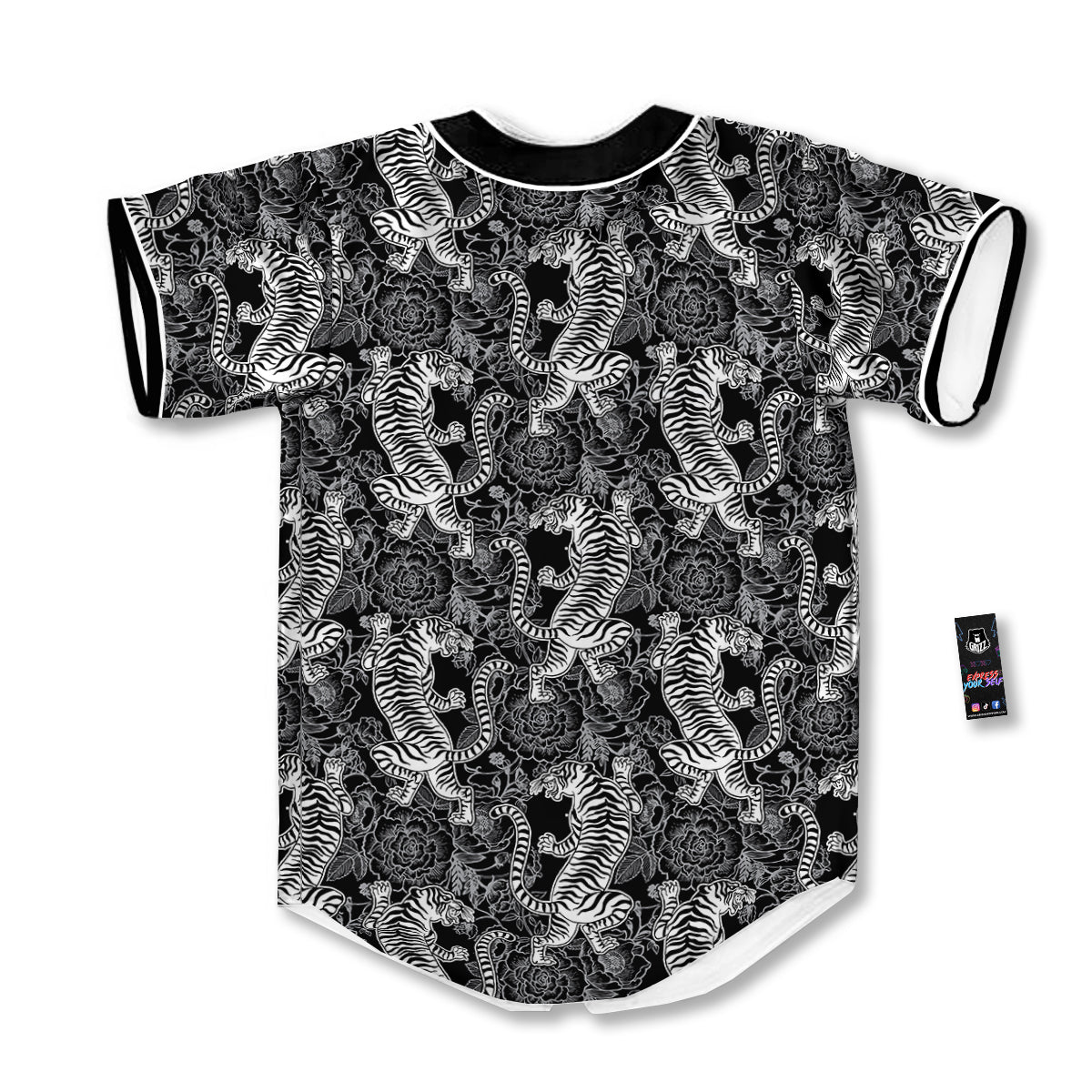 Black And White Chinese Tiger Print Pattern Baseball Jersey-grizzshop