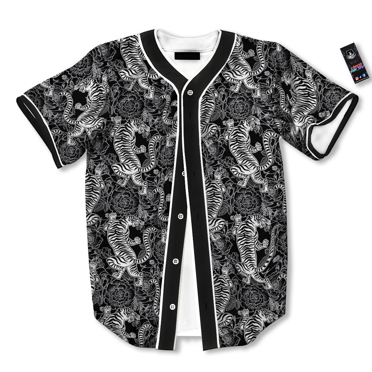 Black And White Chinese Tiger Print Pattern Baseball Jersey-grizzshop