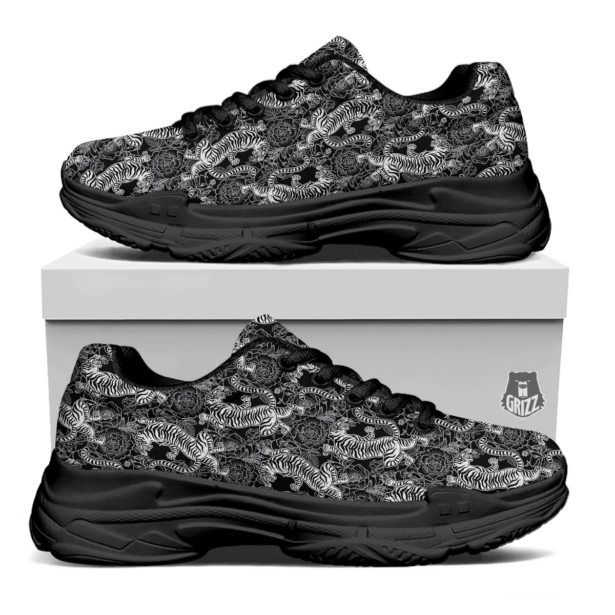 Black And White Chinese Tiger Print Pattern Black Chunky Shoes-grizzshop