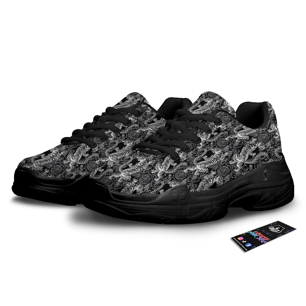Black And White Chinese Tiger Print Pattern Black Chunky Shoes-grizzshop