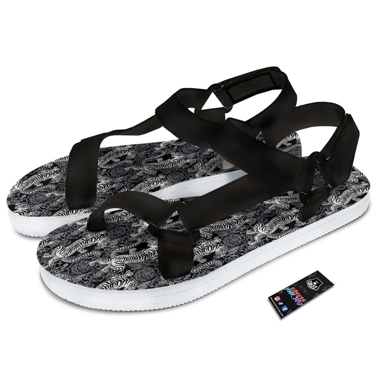 Black And White Chinese Tiger Print Pattern Black Open Toe Sandals-grizzshop