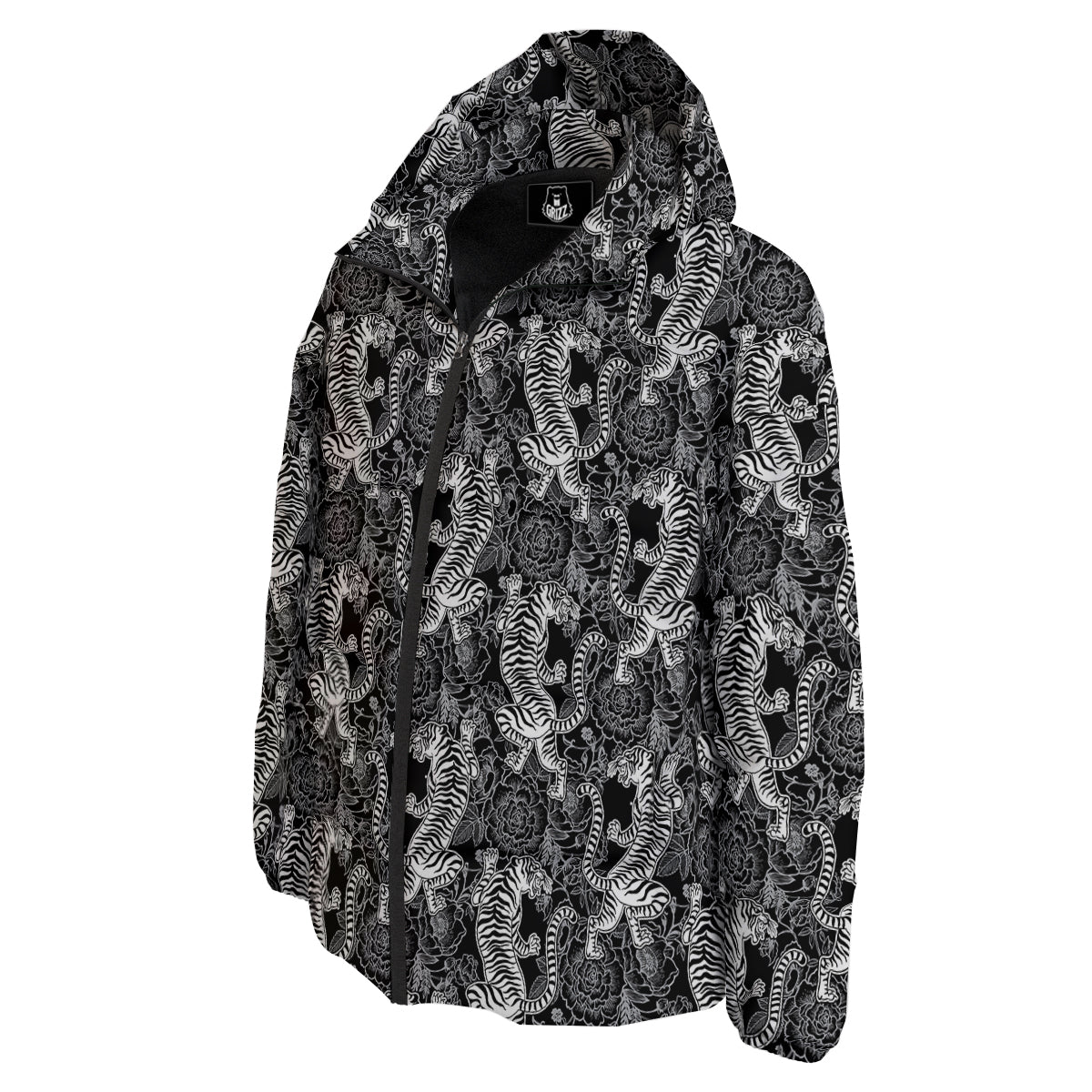 Black And White Chinese Tiger Print Pattern Down Jacket-grizzshop