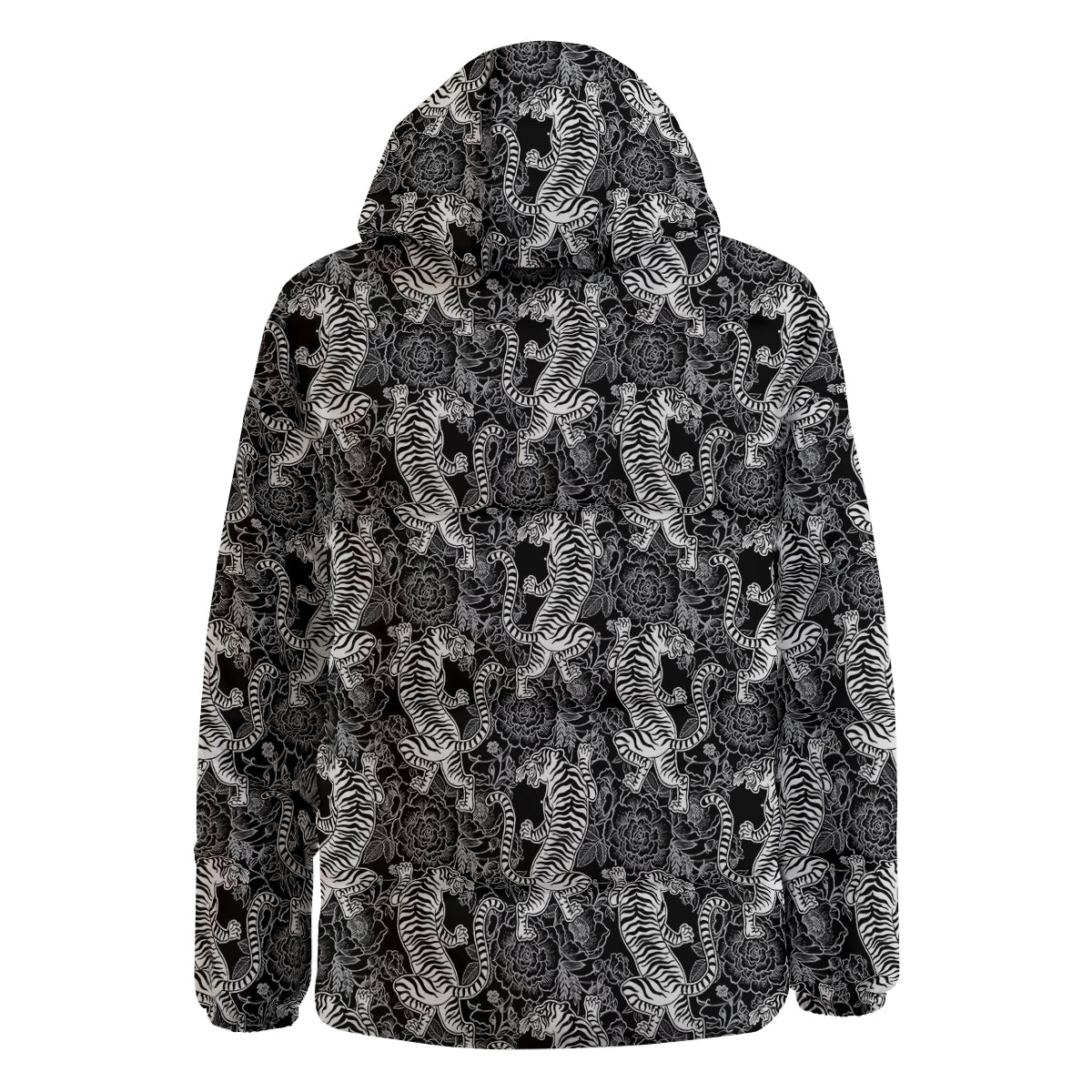 Black And White Chinese Tiger Print Pattern Down Jacket-grizzshop
