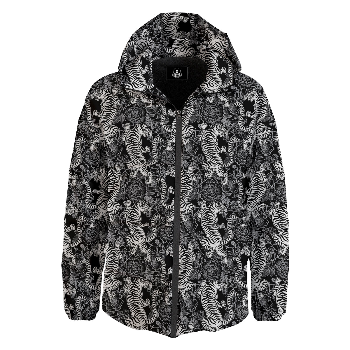 Black And White Chinese Tiger Print Pattern Down Jacket-grizzshop