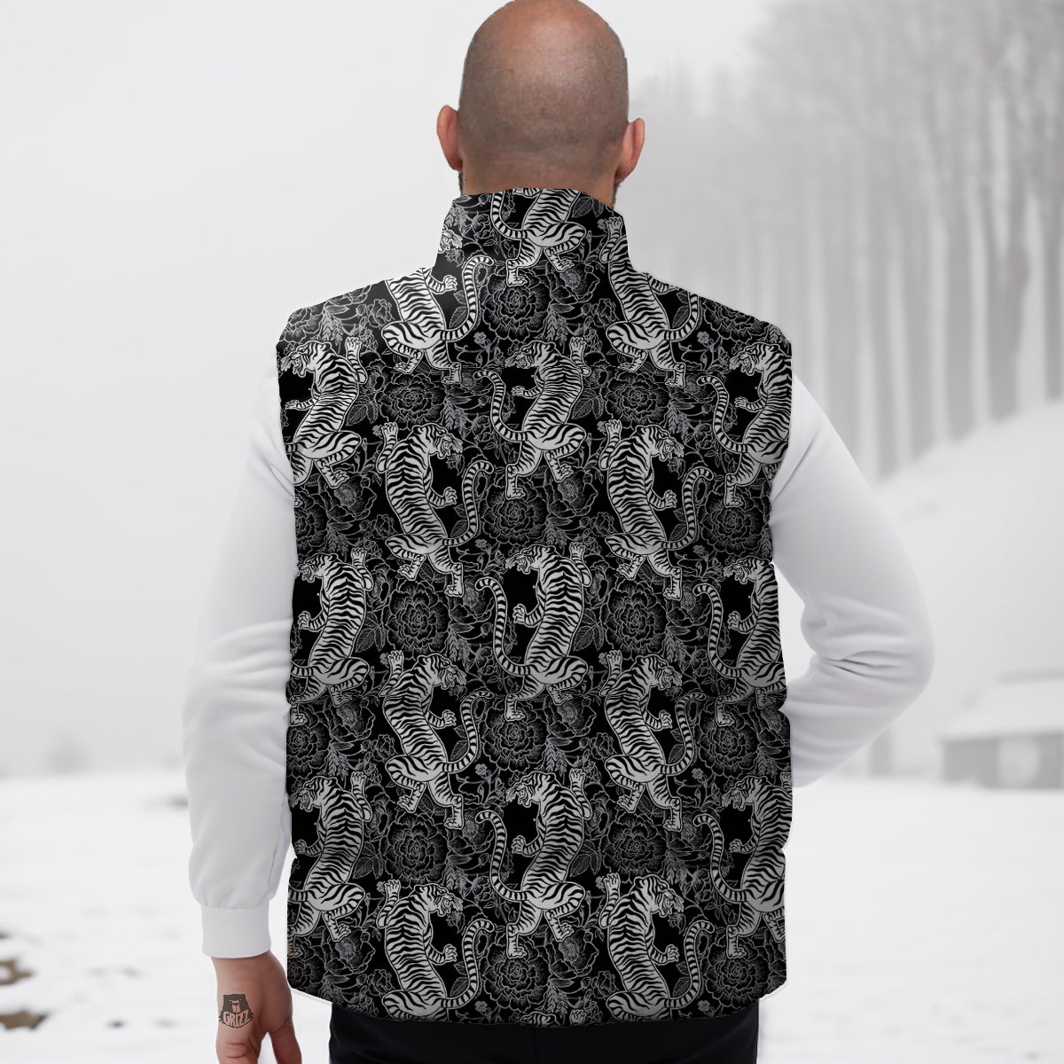 Black And White Chinese Tiger Print Pattern Down Vest