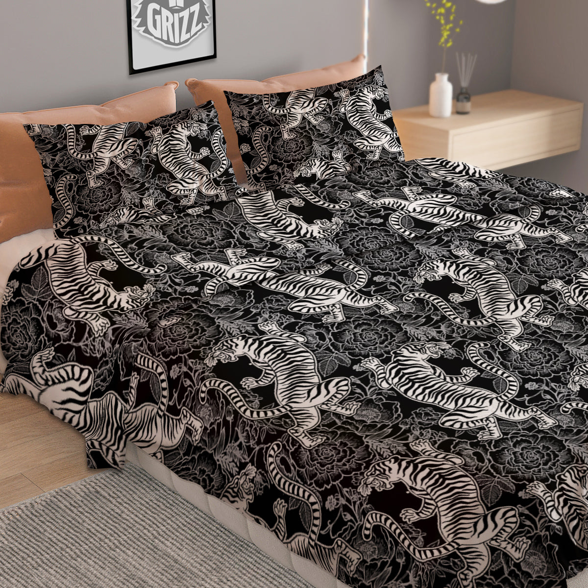Black And White Chinese Tiger Print Pattern Duvet Cover Bedding Set