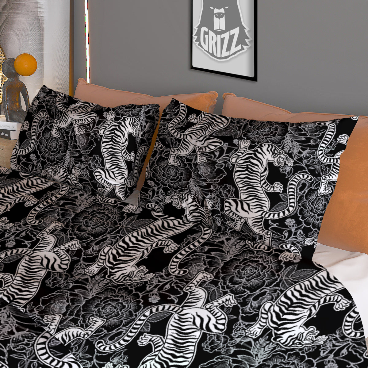 Black And White Chinese Tiger Print Pattern Duvet Cover Bedding Set