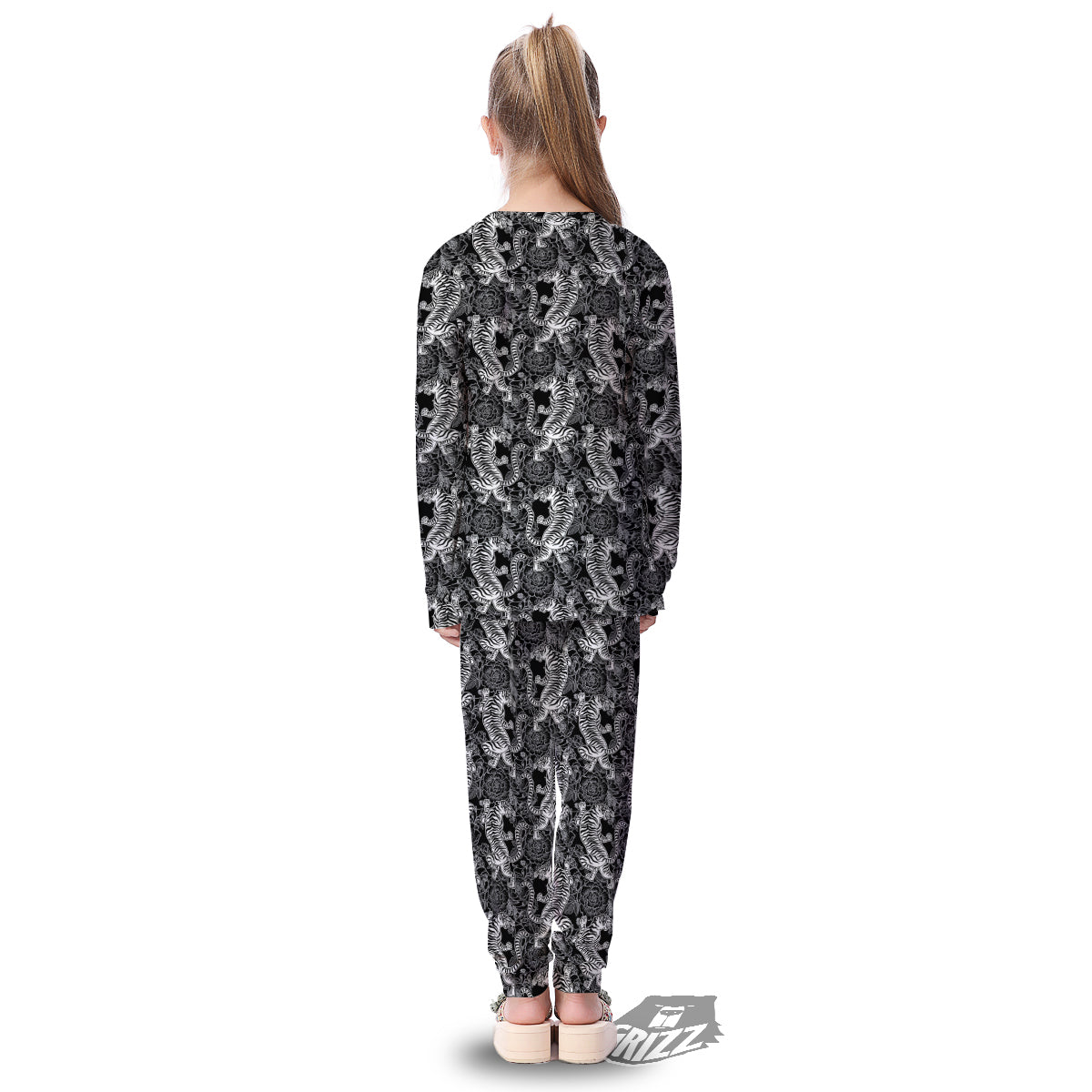 Black And White Chinese Tiger Print Pattern Kid's Pajamas-grizzshop