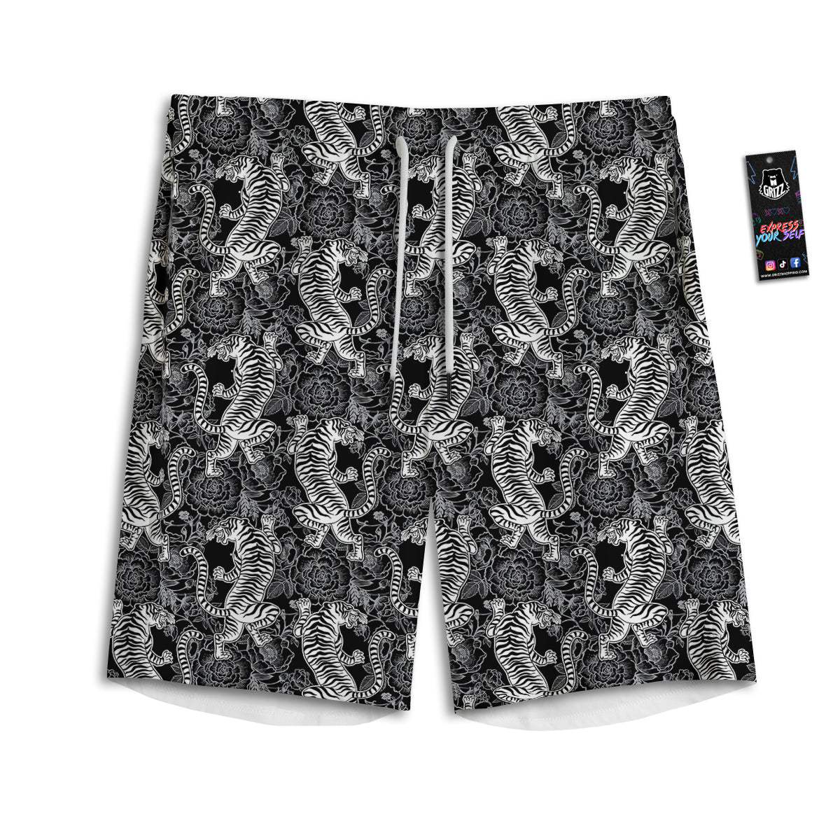 Black And White Chinese Tiger Print Pattern Men's Athletic Shorts