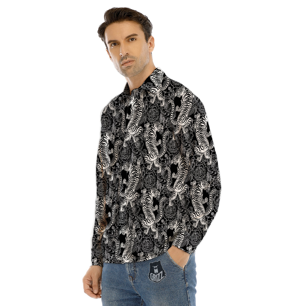 Black And White Chinese Tiger Print Pattern Men's Dress Shirts-grizzshop