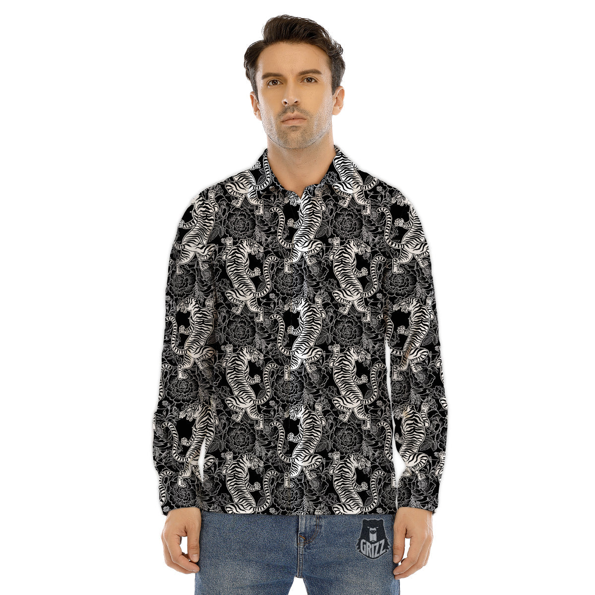 Black And White Chinese Tiger Print Pattern Men's Dress Shirts-grizzshop