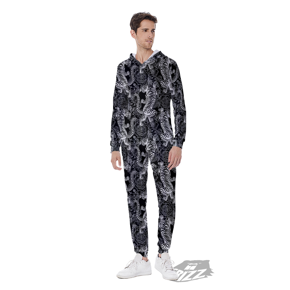 Black And White Chinese Tiger Print Pattern Men's Jumpsuit-grizzshop
