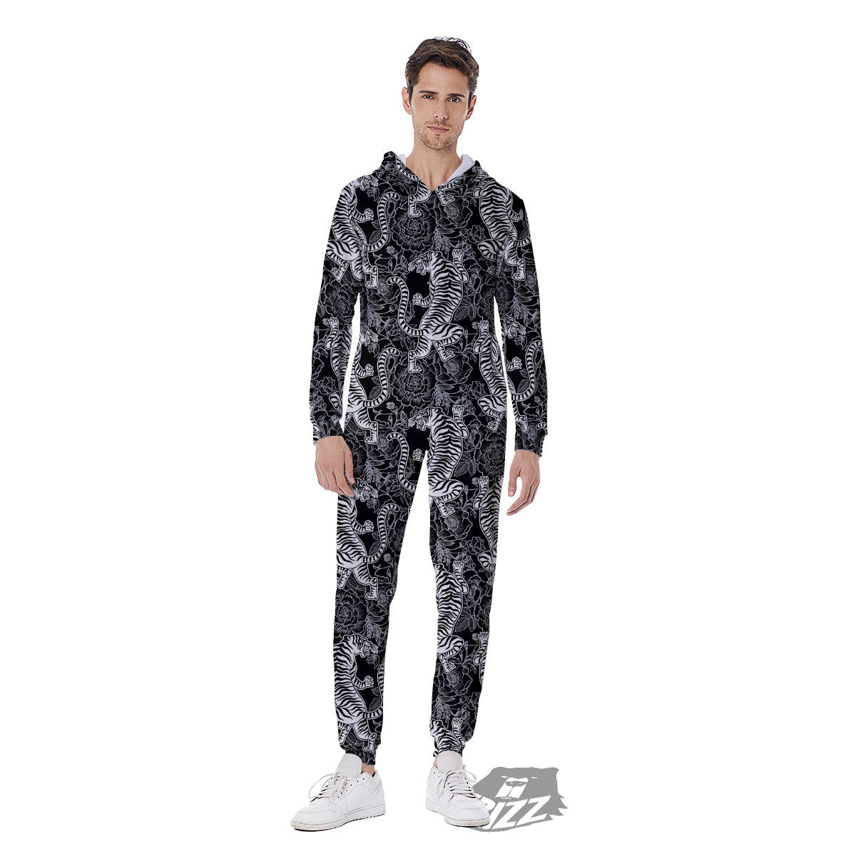 Black And White Chinese Tiger Print Pattern Men's Jumpsuit-grizzshop