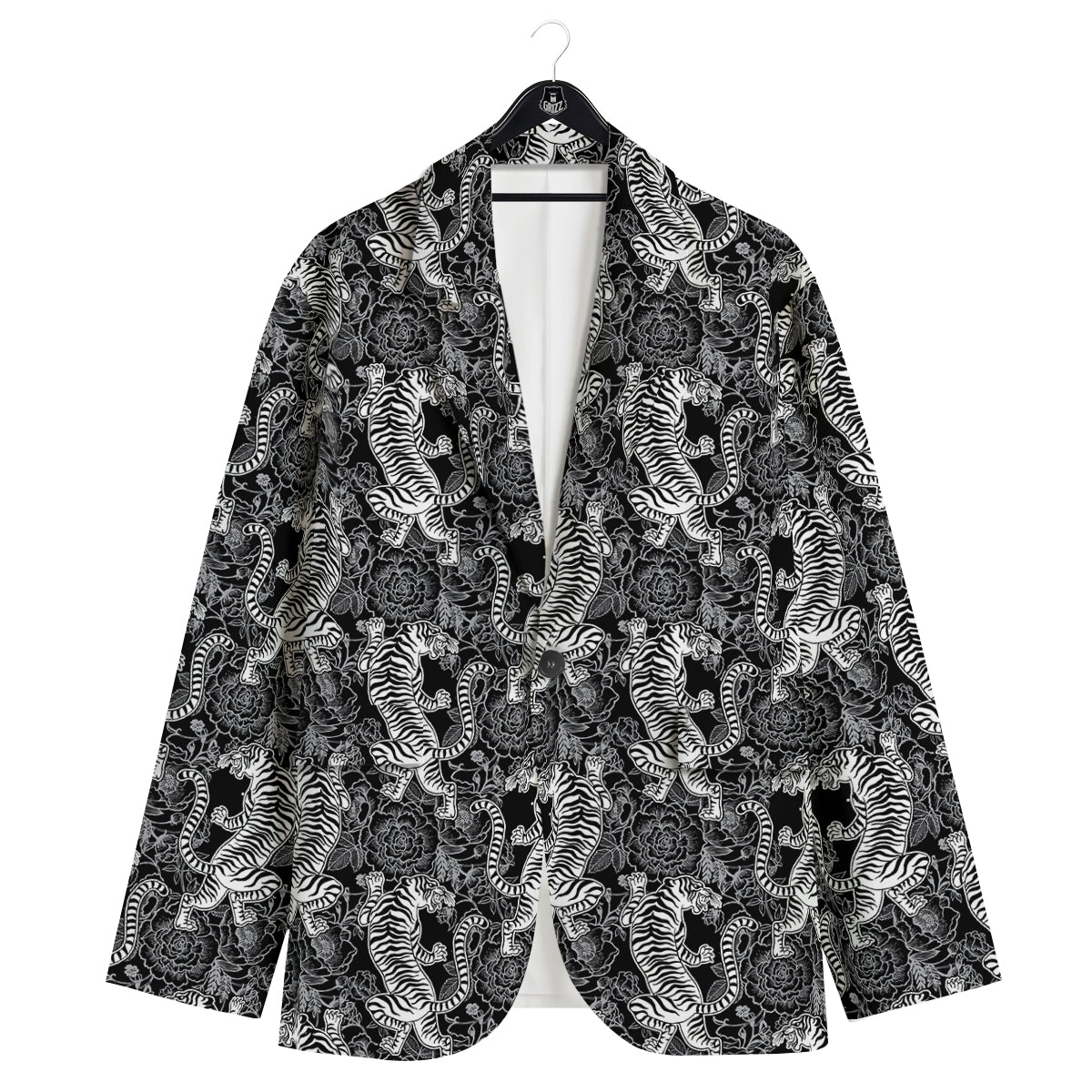 Black And White Chinese Tiger Print Pattern Men's Sport Coat-grizzshop