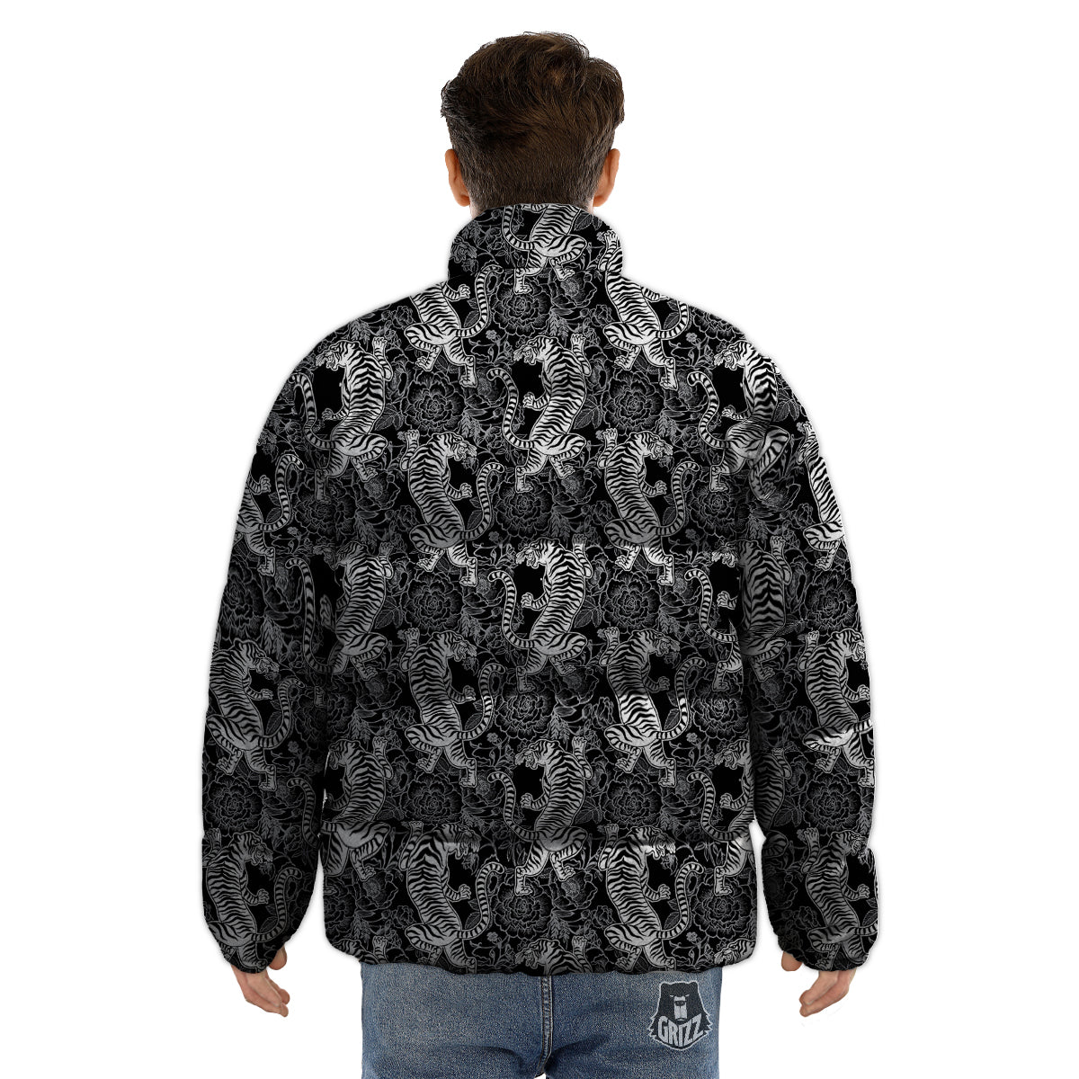 Black And White Chinese Tiger Print Pattern Puffer Jacket-grizzshop