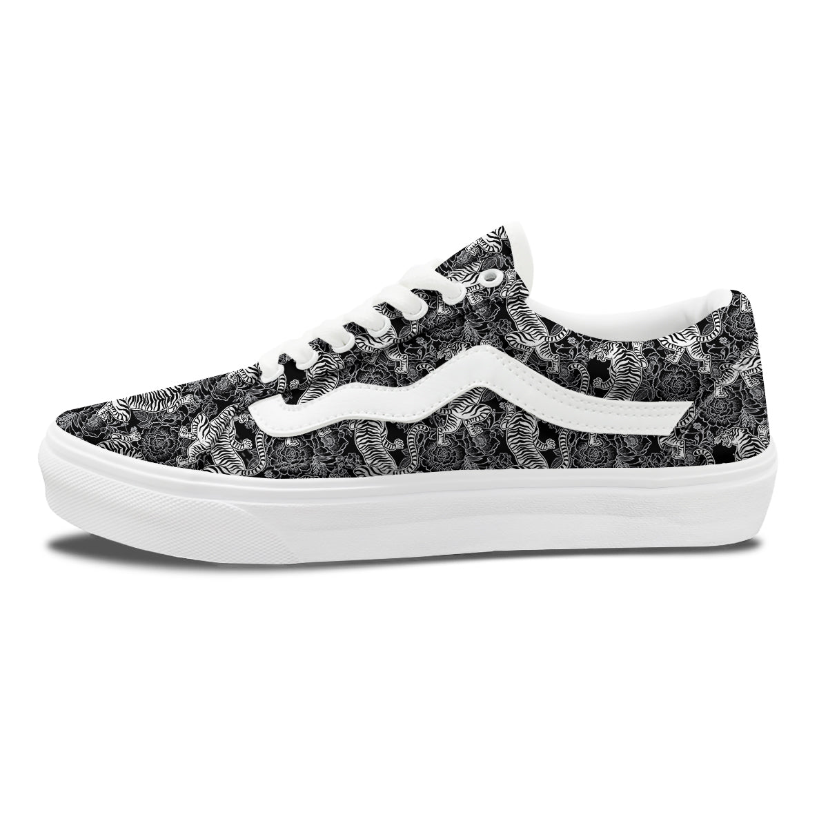 Black And White Chinese Tiger Print Pattern Skate Shoes-grizzshop
