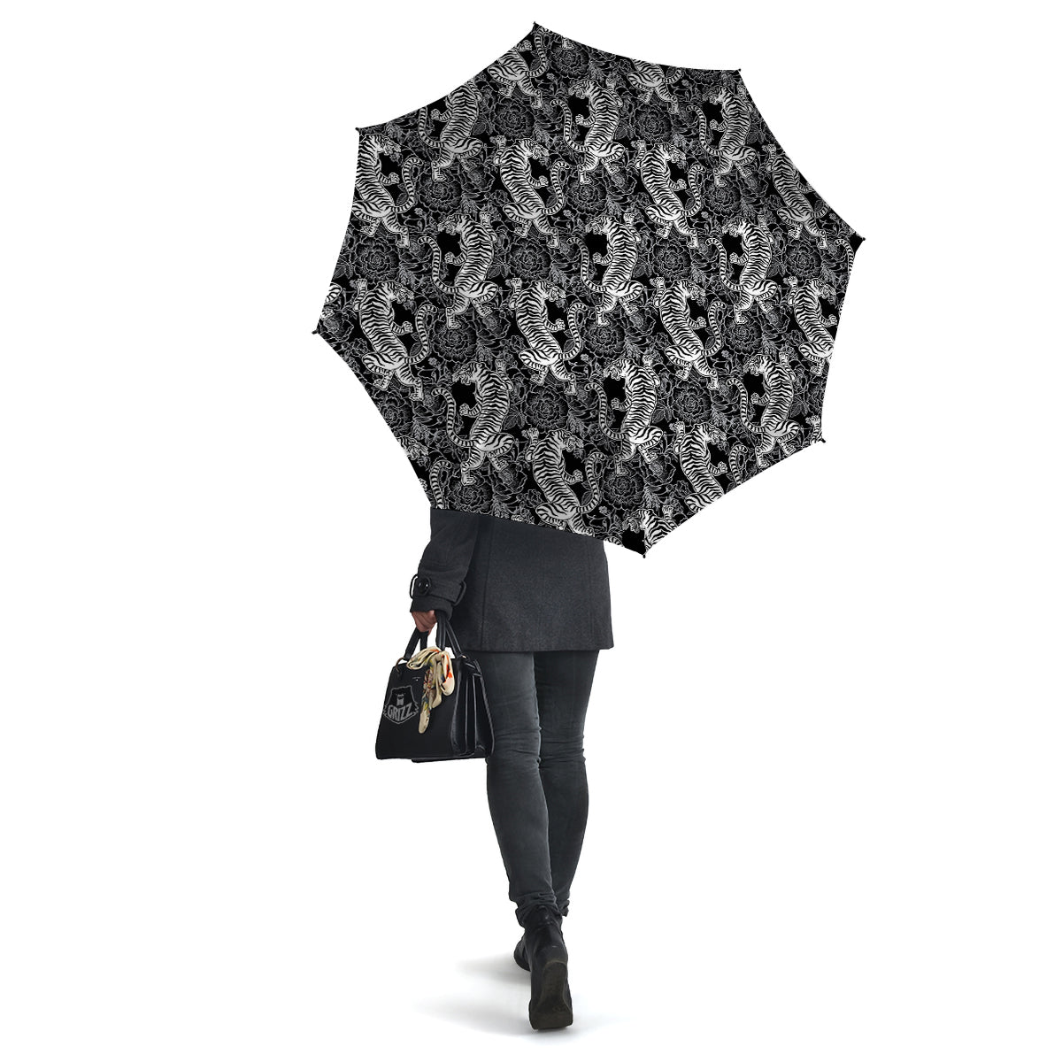 Black And White Chinese Tiger Print Pattern Umbrella-grizzshop