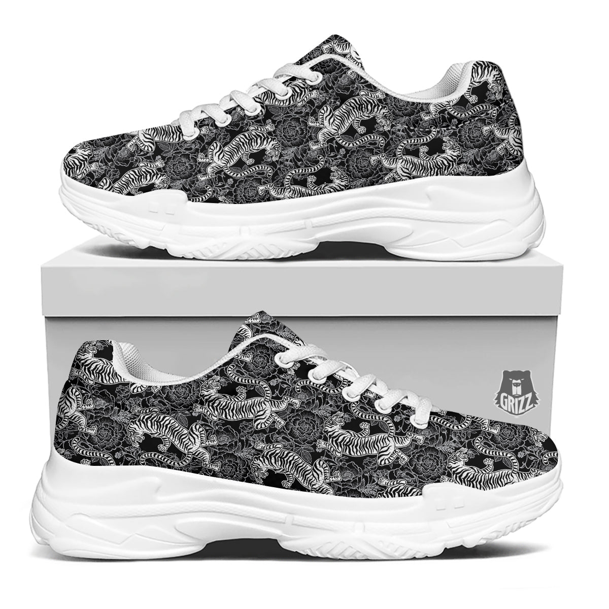 Black And White Chinese Tiger Print Pattern White Chunky Shoes-grizzshop