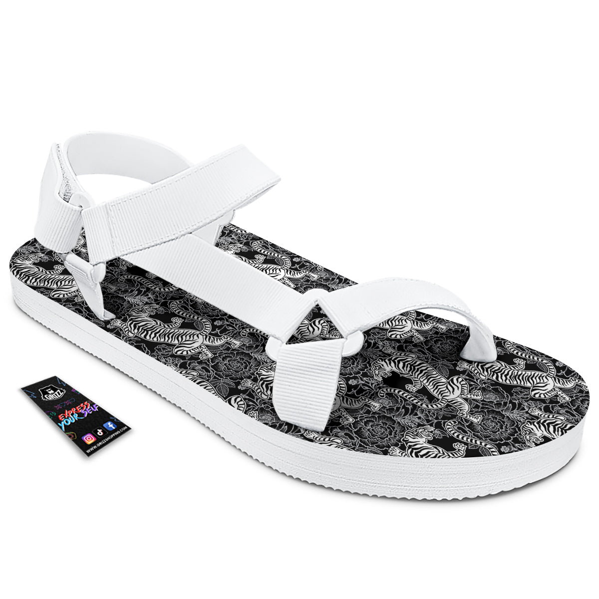 Black And White Chinese Tiger Print Pattern White Open Toe Sandals-grizzshop