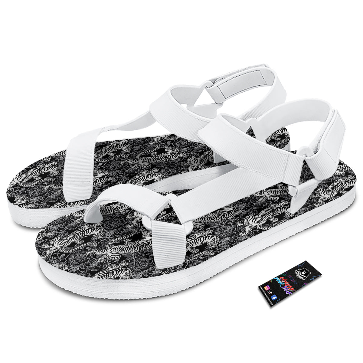 Black And White Chinese Tiger Print Pattern White Open Toe Sandals-grizzshop