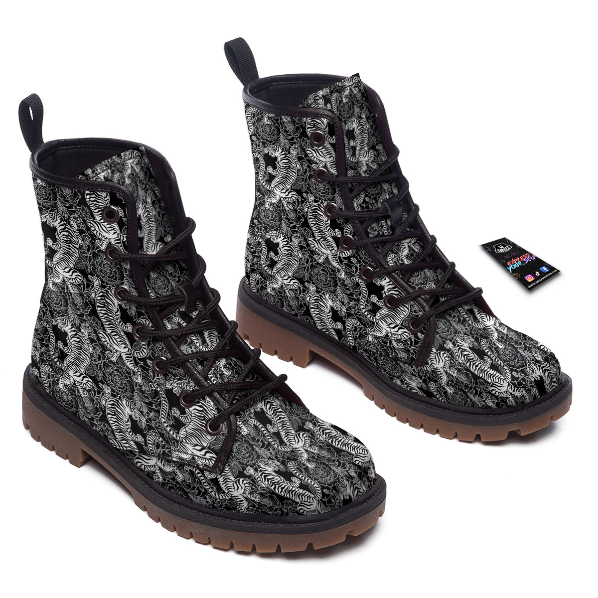 Black And White Chinese Tiger Print Pattern Work Boots-grizzshop