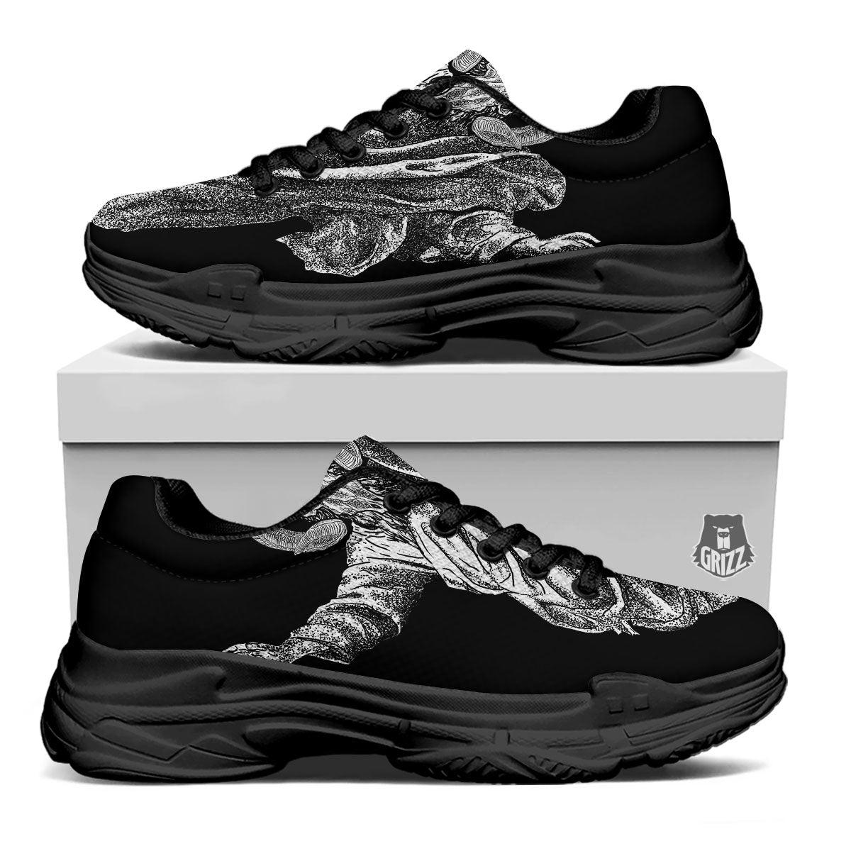Black And White Demon Goat Print Black Chunky Shoes-grizzshop