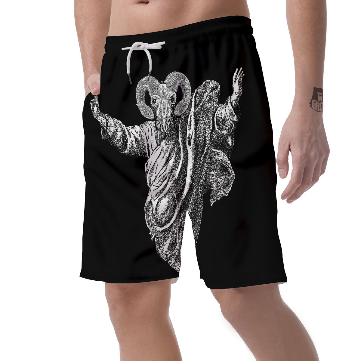 Black And White Demon Goat Print Men's Shorts-grizzshop