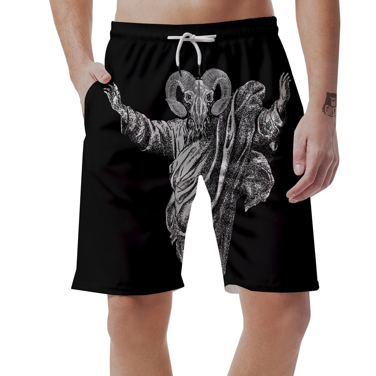 Black And White Demon Goat Print Men's Shorts-grizzshop