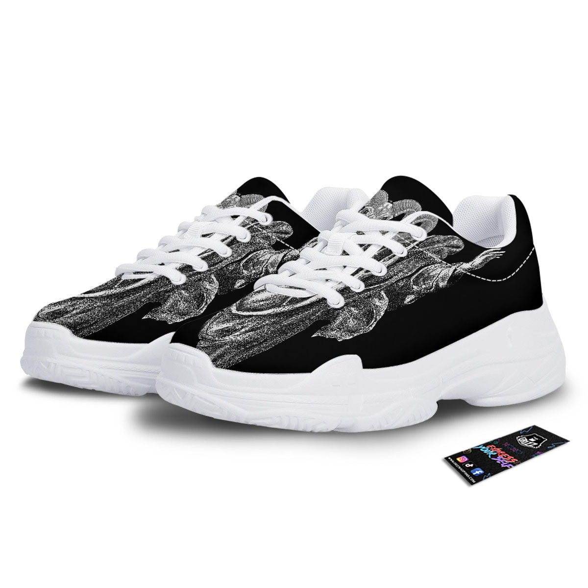 Black And White Demon Goat Print White Chunky Shoes-grizzshop