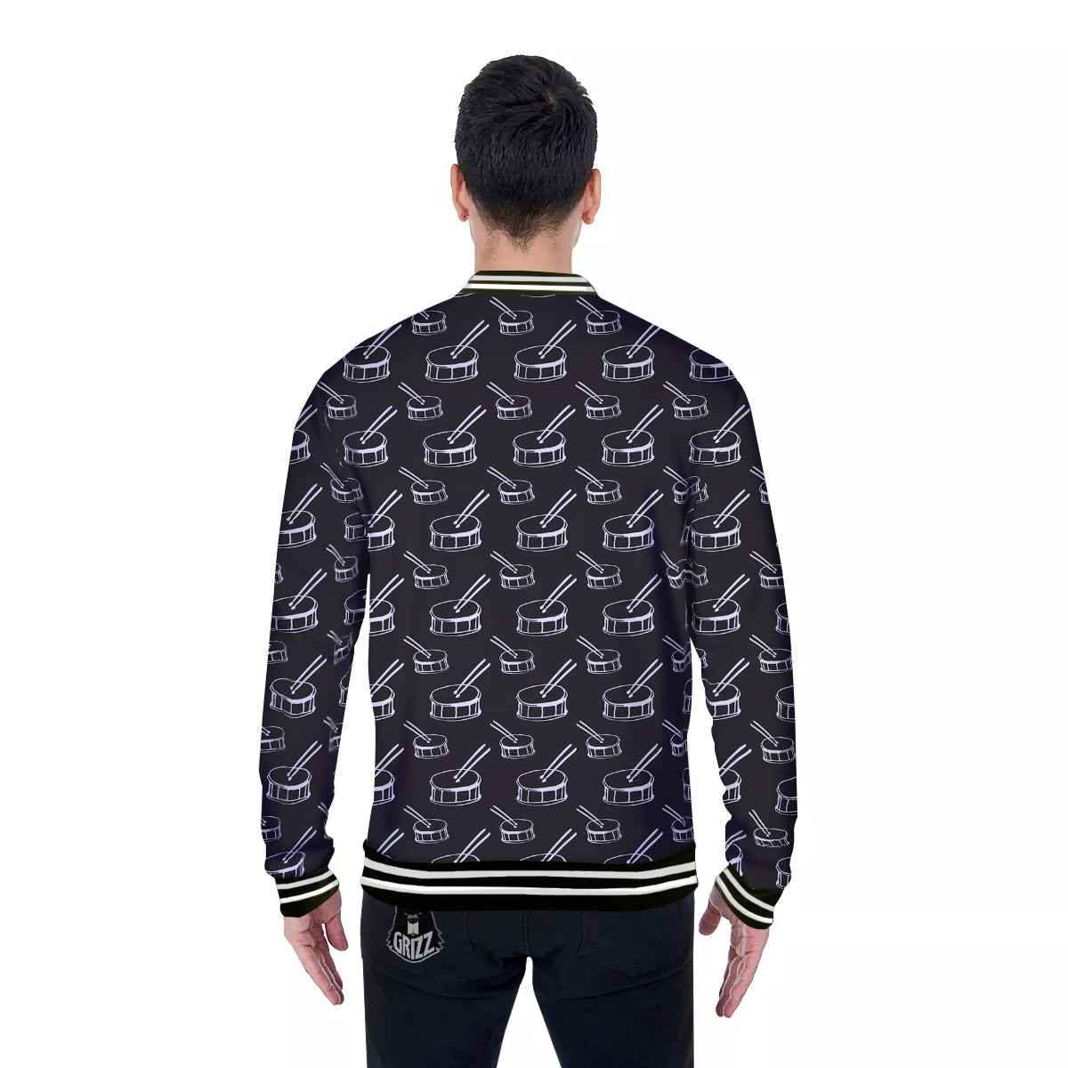 Black And White Drum Print Pattern Baseball Jacket-grizzshop