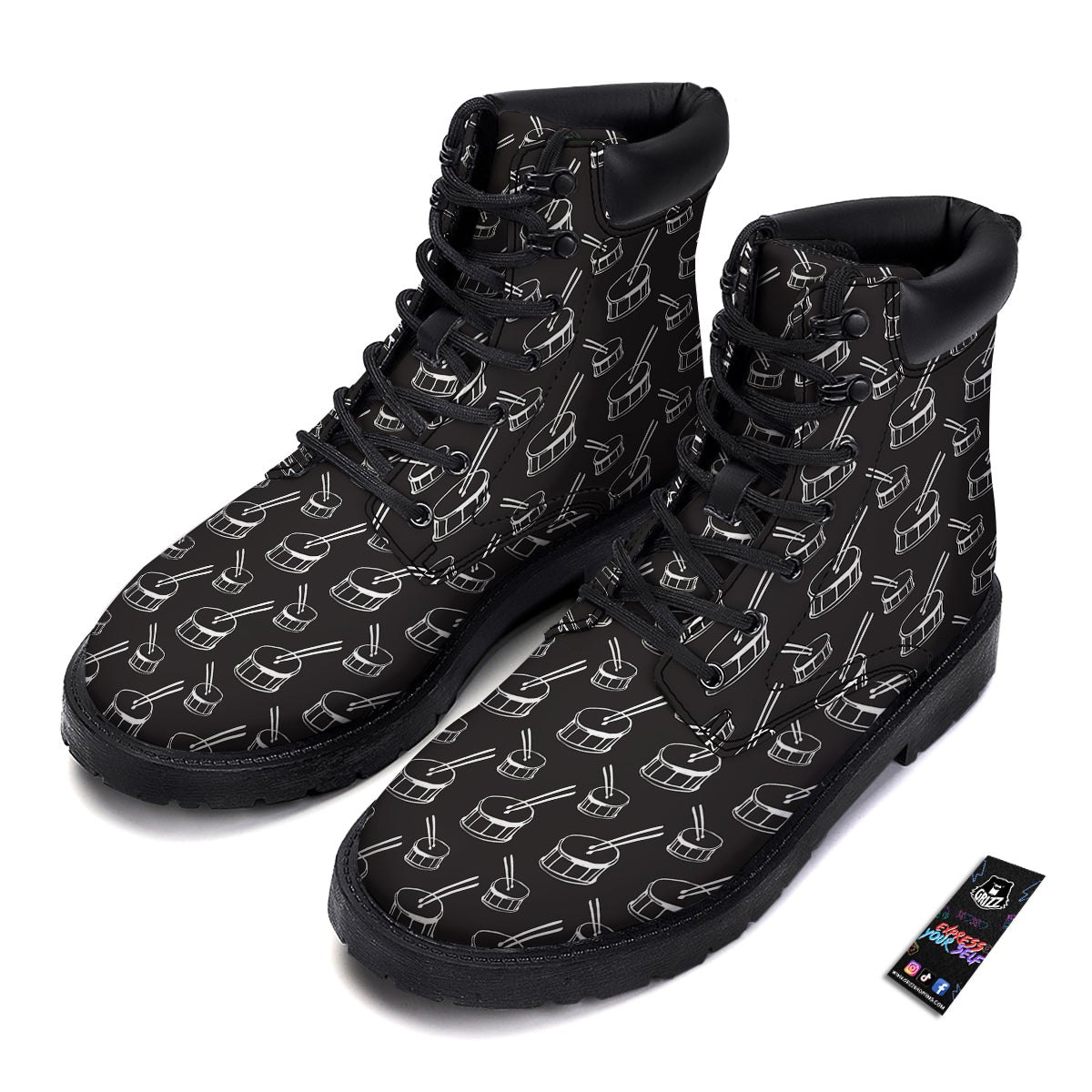 Black And White Drum Print Pattern Boots-grizzshop