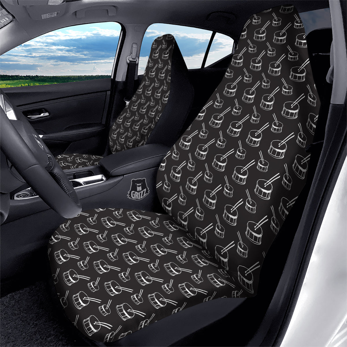 Black And White Drum Print Pattern Car Seat Covers-grizzshop