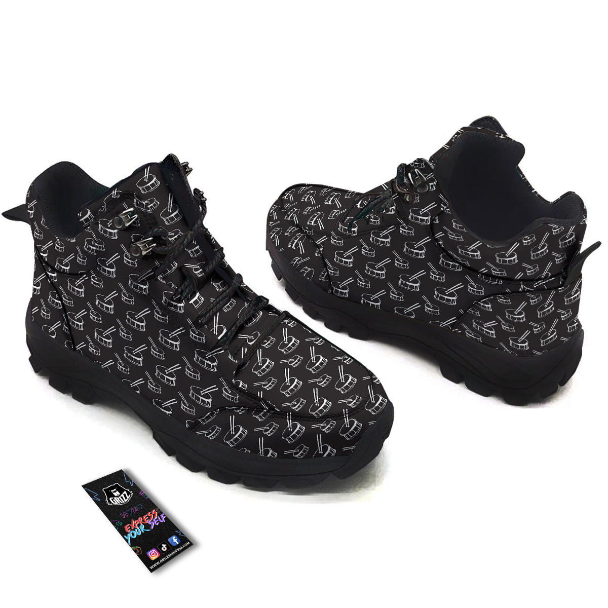 Black And White Drum Print Pattern Hiking Shoes-grizzshop