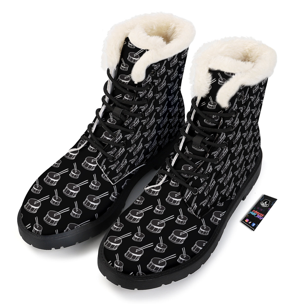 Black And White Drum Print Pattern Winter Boots-grizzshop