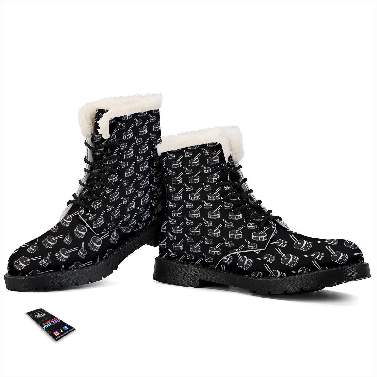 Black And White Drum Print Pattern Winter Boots-grizzshop